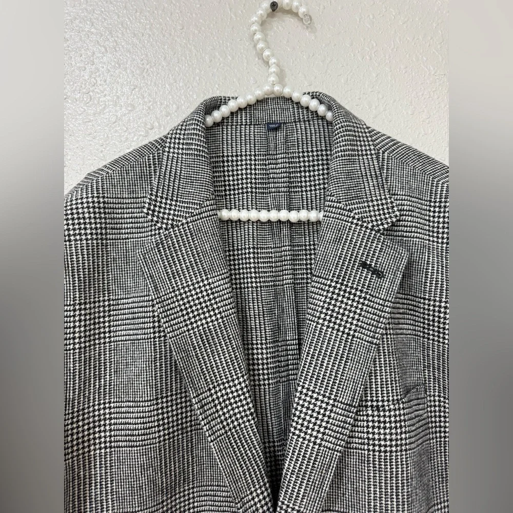 J.Crew Thompson Blazer 46 Black White Check Wool Blend Unlined Jacket